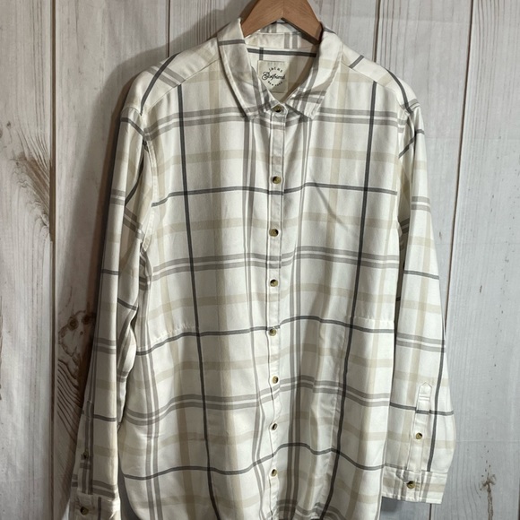 Misses Plaid Brushed Long Sleeve Shirt Button Front Cream Side Pockets XXL NEW - Picture 3 of 3